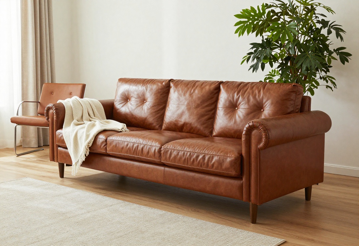 A Chesterfield sofa in a bright, modern living room with a cream throw, accent chair, and large plant.