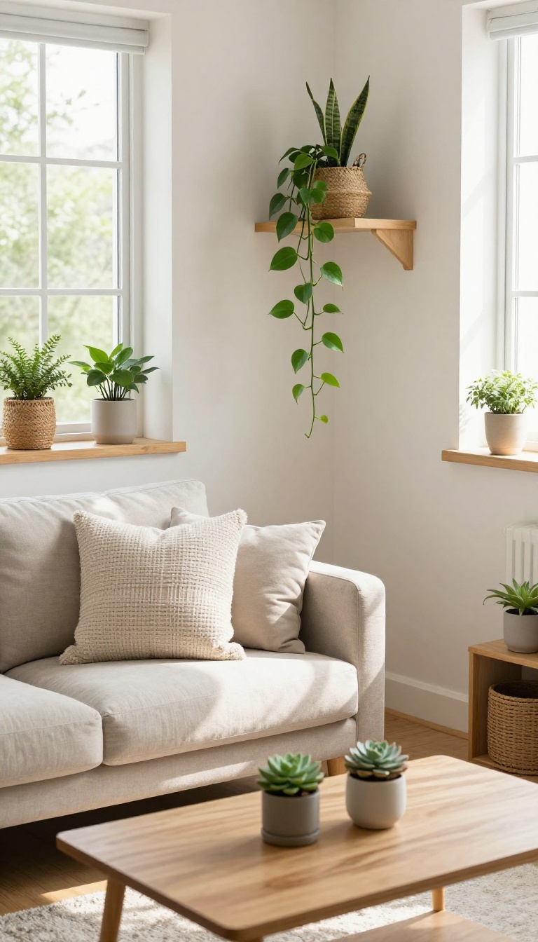 College living room decorated with low-maintenance plants in stylish pots, adding greenery and a calm, natural vibe.