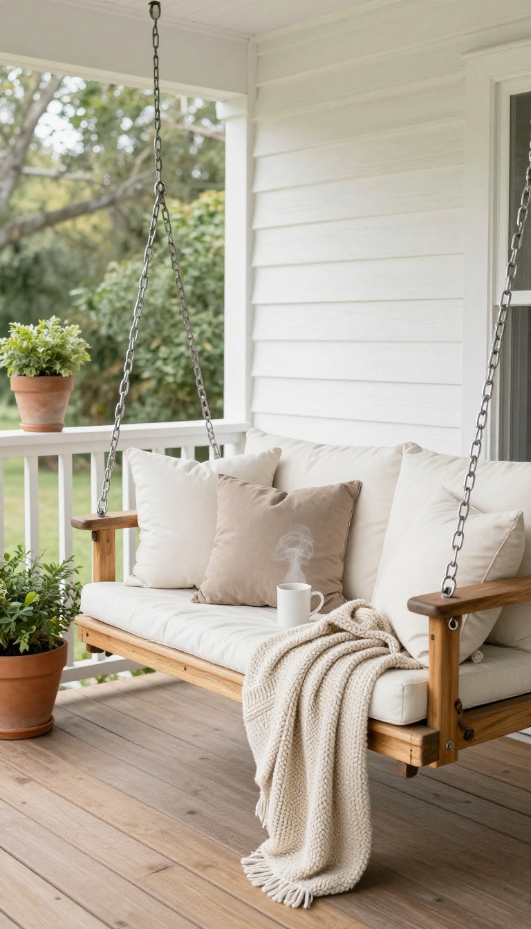 Cozy porch swing with plush cushions and throw pillows on a covered porch, styled with plants and a mug for a relaxing outdoor living scene.