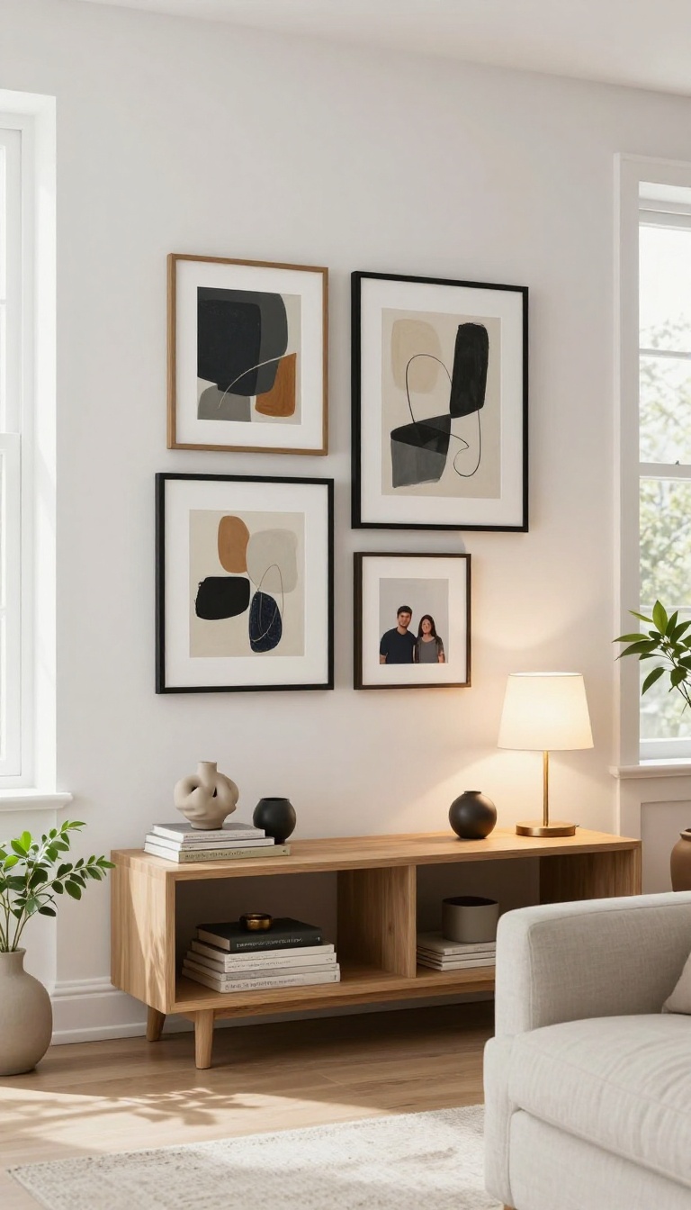 Curated gallery wall with framed art, photos, books, and a sculptural object above a console table in a bright polished living room