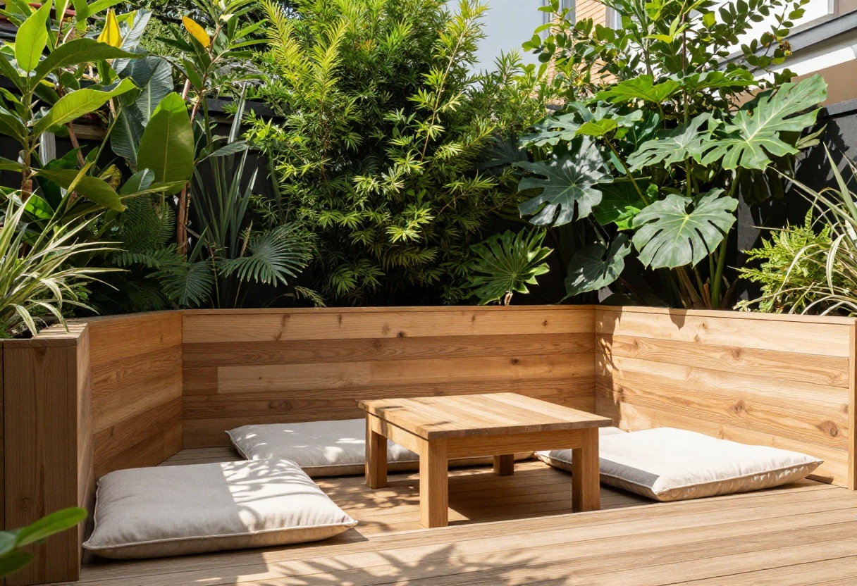 A peaceful backyard with a wooden privacy screen and comfortable seating area surrounded by greenery.