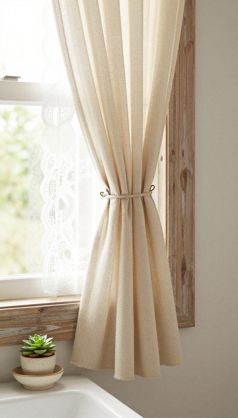 Rustic bathroom window with layered burlap and lace curtains tied back with twine in bright natural light