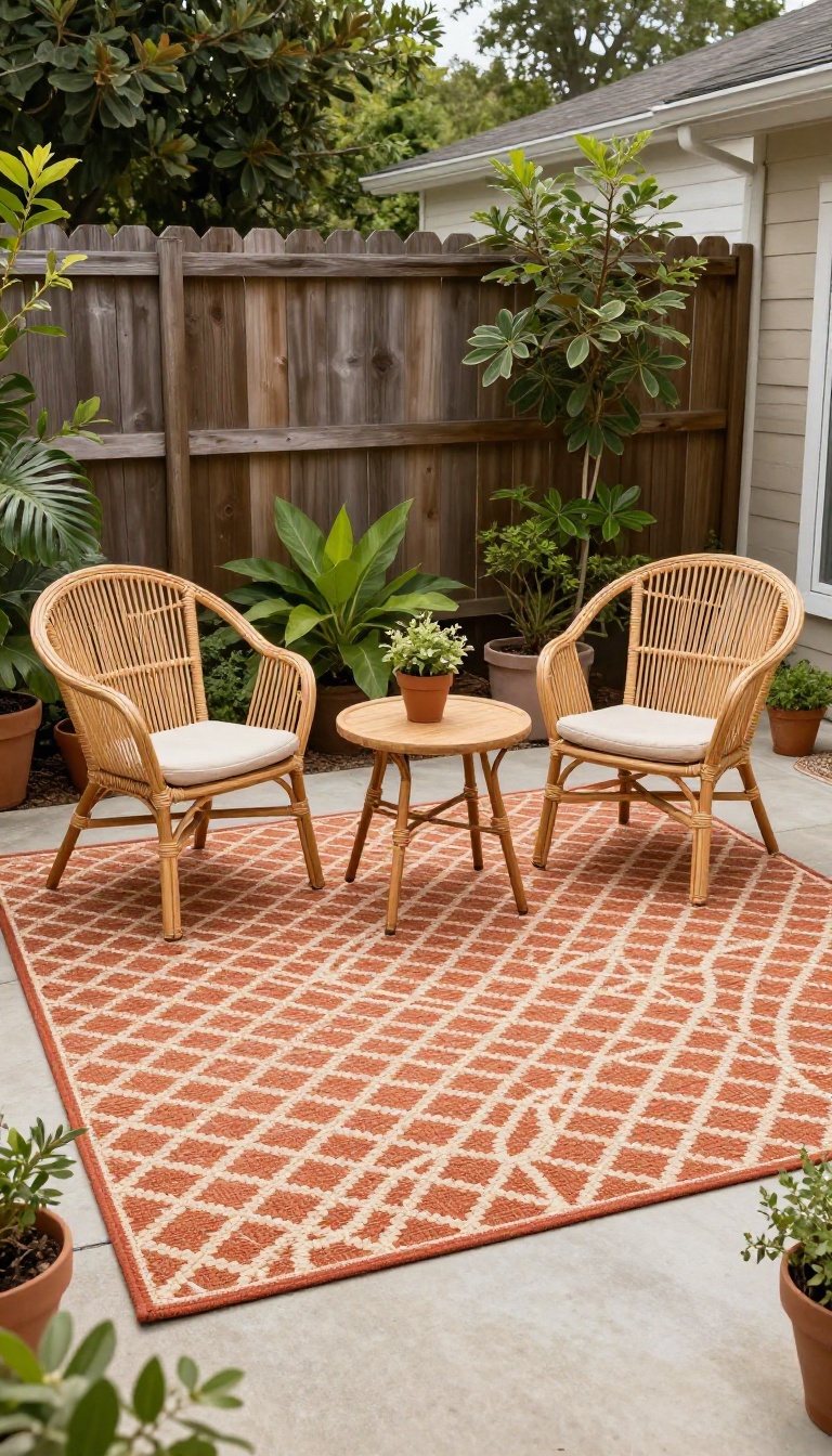 Small townhome backyard patio with a patterned outdoor rug defining a cozy seating area with rattan chairs and a bistro table