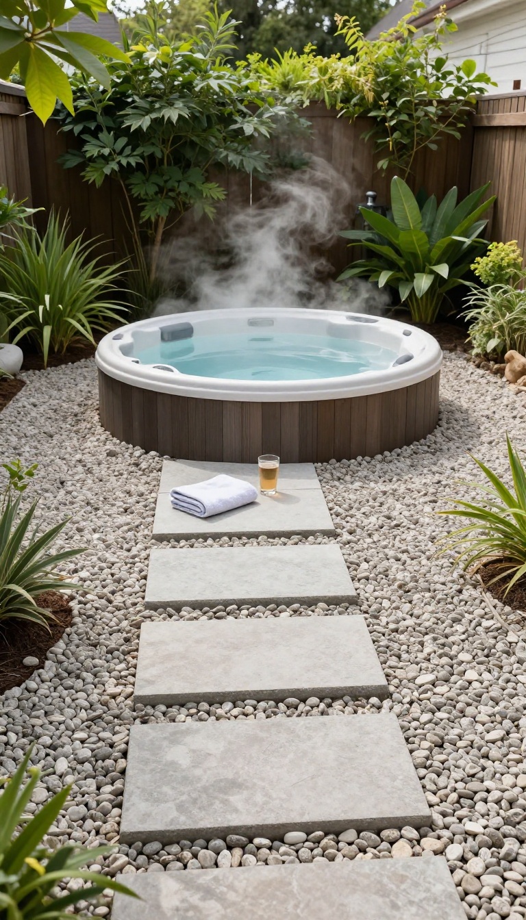 Round hot tub set in a gravel bed with stone paver path in a small backyard retreat