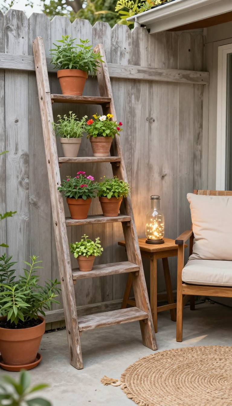 Upcycled wooden ladder used as a vertical plant stand with hanging glass bottle lanterns on a budget-friendly patio