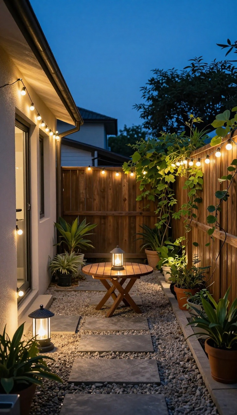 Narrow backyard patio at dusk with warm string lights overhead, a lantern on a small table, and solar path lights along a walkway