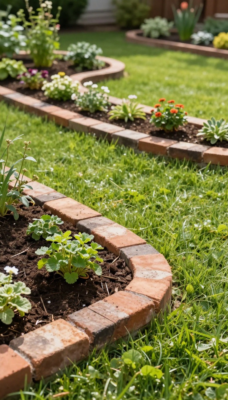 Clay brick pavers set flush along a garden bed edge, creating a clean border between dark mulch and a bright green lawn in a sunny backyard