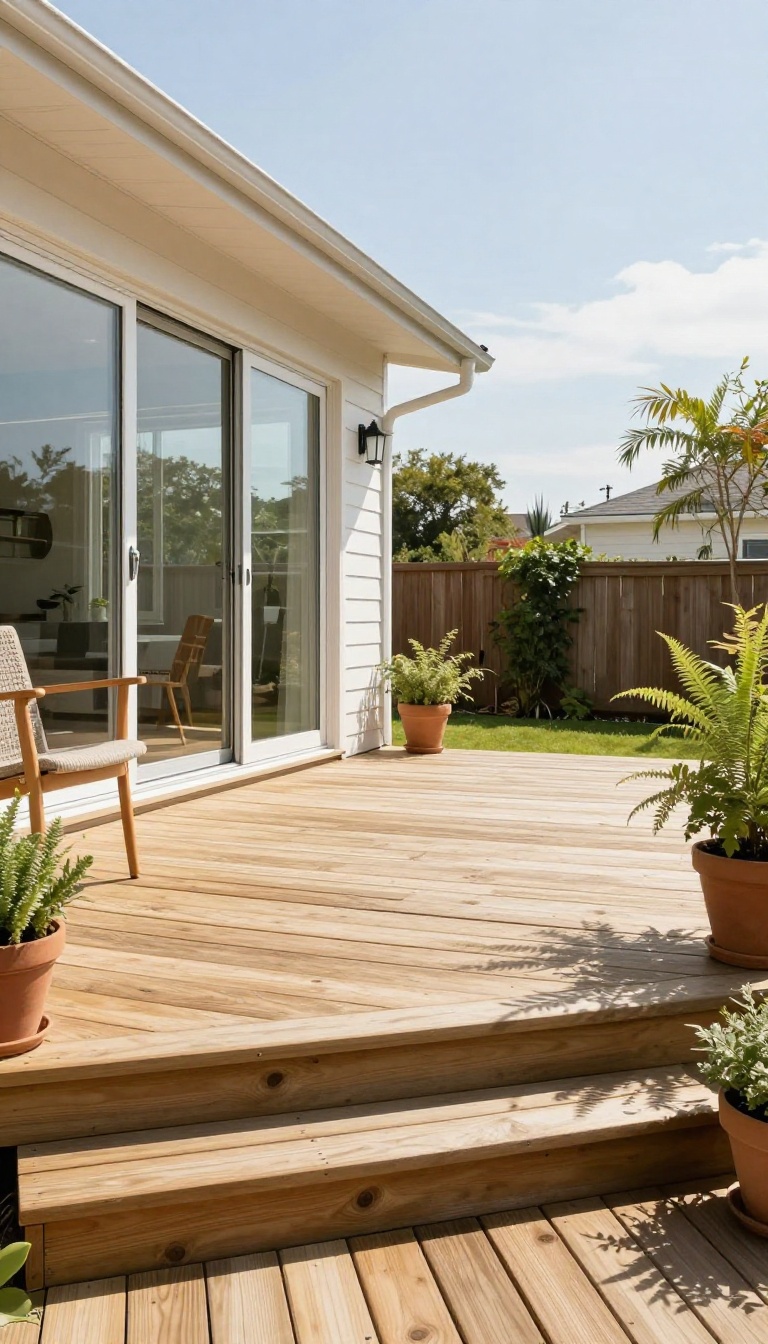 Low wood deck built nearly flush with a home's sliding glass door threshold for seamless indoor-outdoor flow
