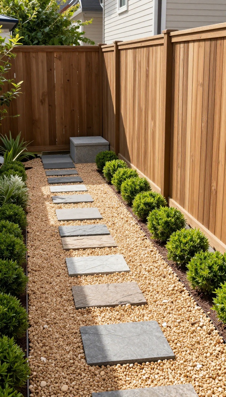 Narrow backyard with a gently curving gravel path leading to a small seating nook, bordered by low green plants and a wooden fence in bright natural light
