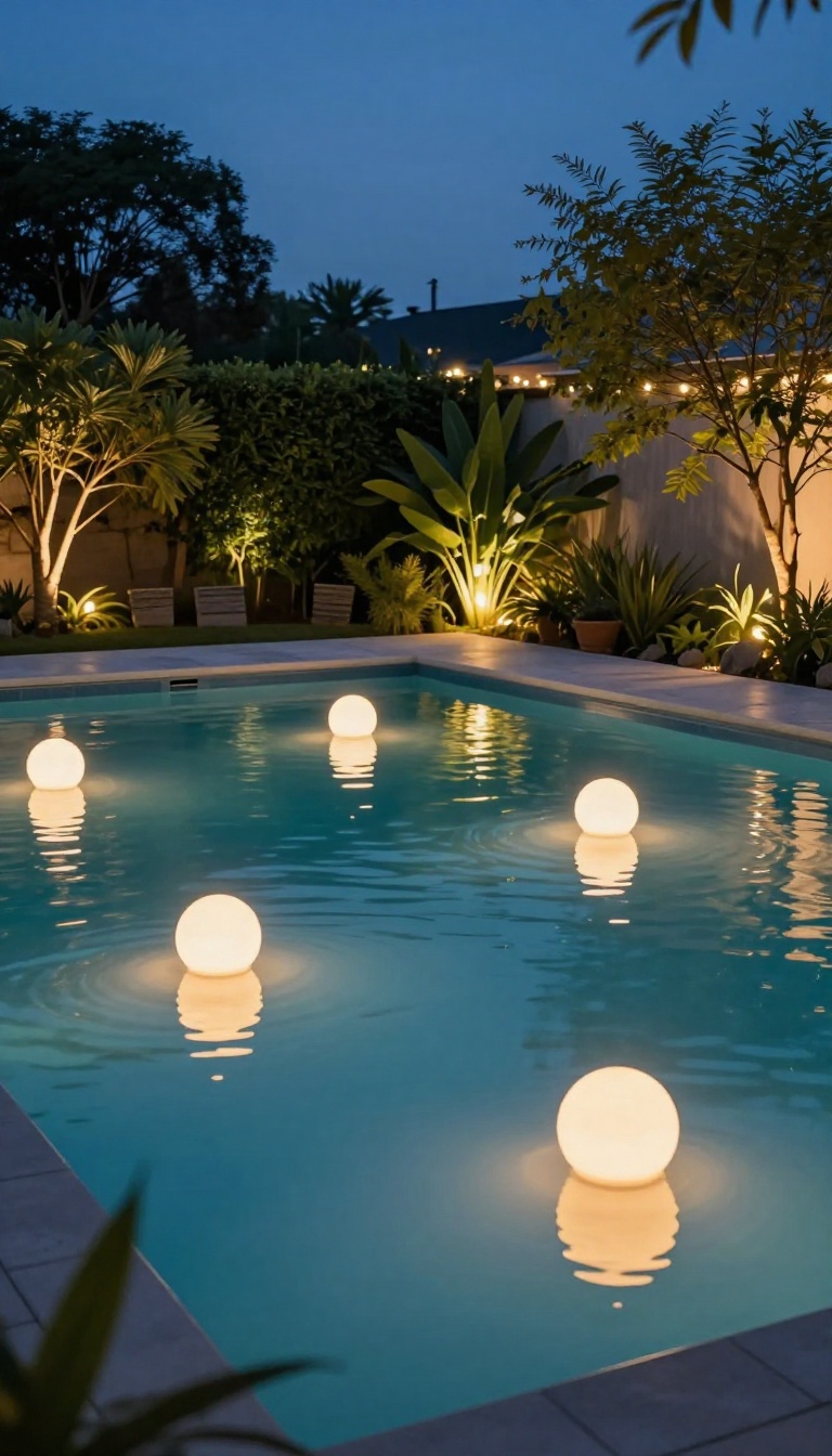 Warm white floating orb lights drifting across a backyard pool at dusk, casting soft reflections on the rippling water