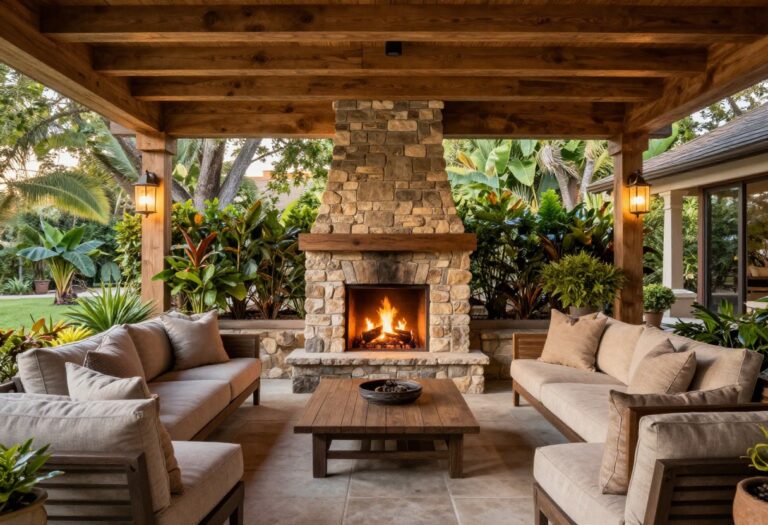 Covered patio with a stone fireplace and cozy seating area