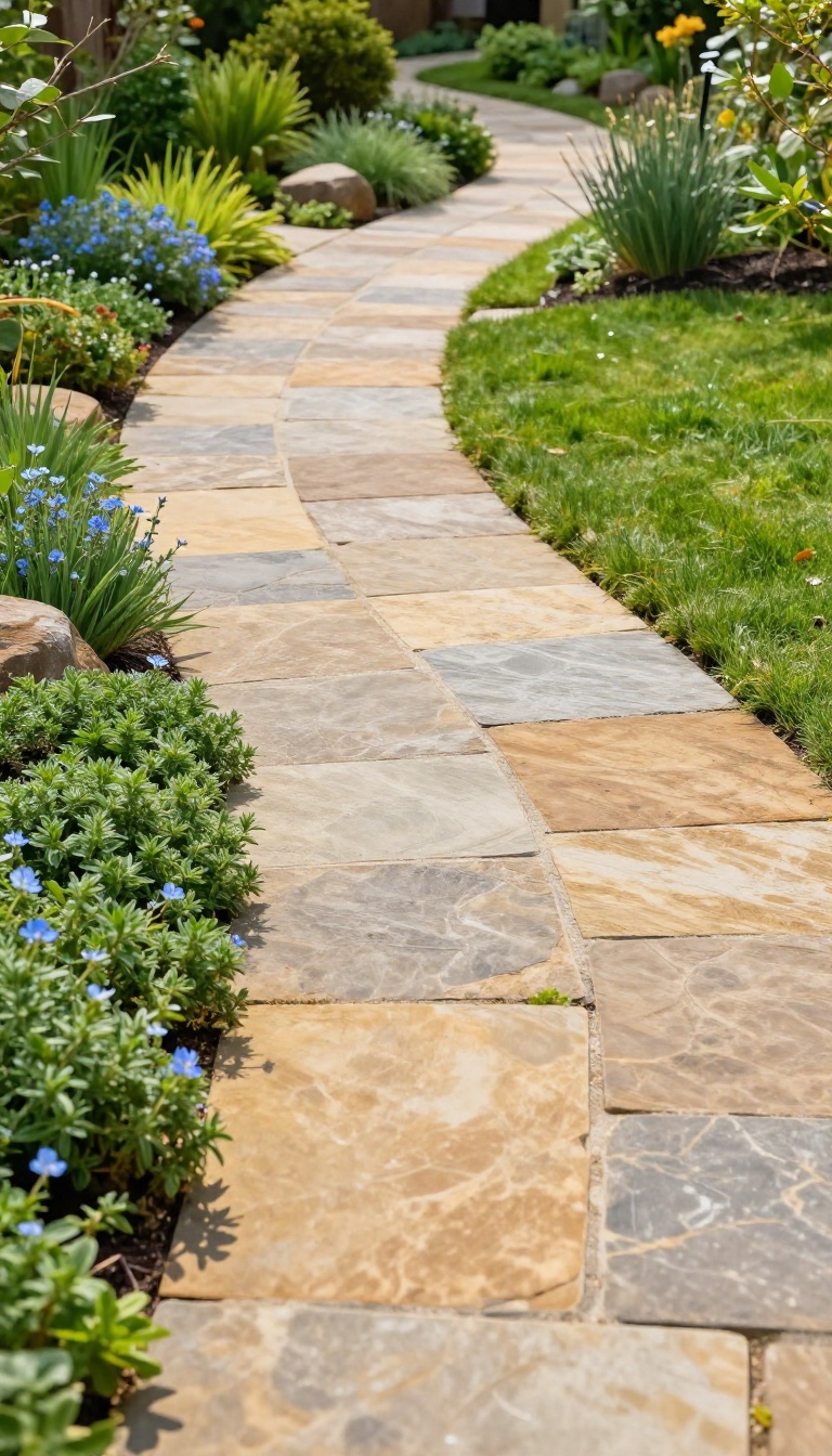 Flagstone walkway with low ground cover growing between the stones in a sunlit backyard garden