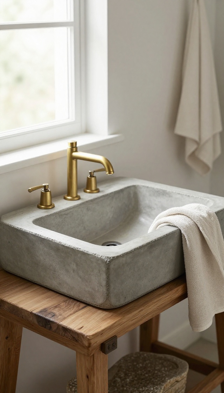 Rustic bathroom with a handmade concrete trough sink on a reclaimed wood vanity in bright natural light