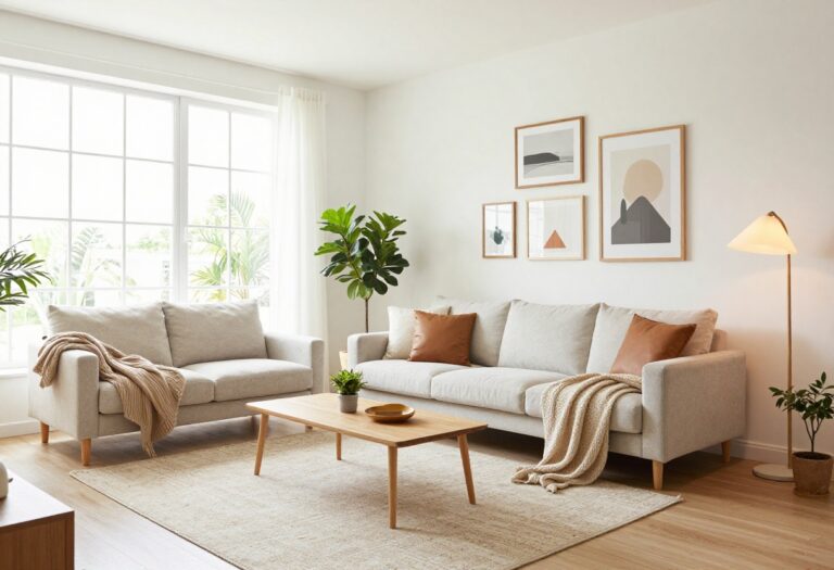 Bright living room with layered rugs, gallery wall, and cozy seating