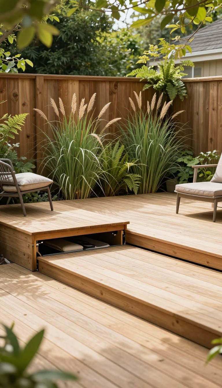 Low floating wooden deck with hidden lift-up storage in a narrow backyard bordered by a thin planting strip of tall grasses and ferns