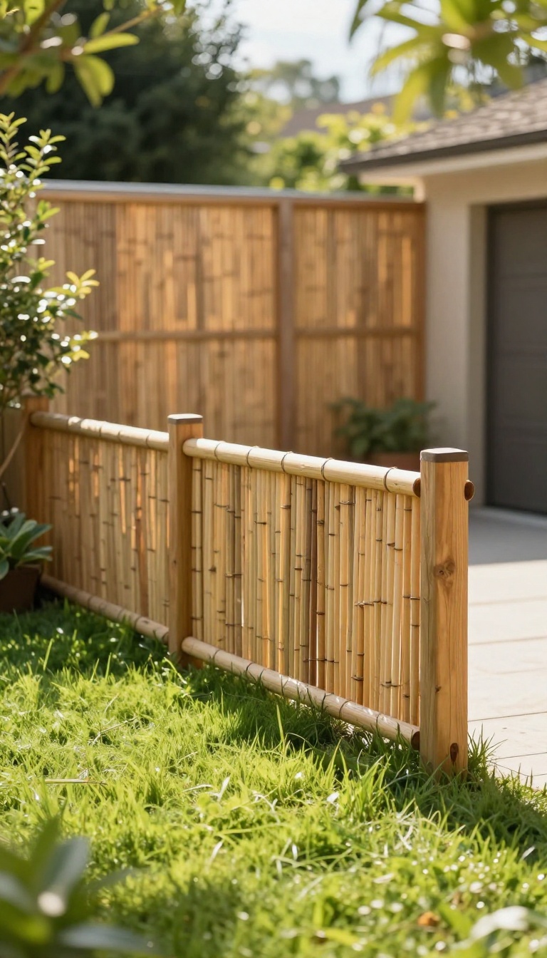 Bamboo privacy screen mounted between wooden posts in a sunny backyard, hiding a utility area behind a garage