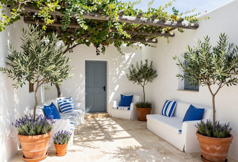 Mediterranean backyard with whitewashed walls, pergola, terracotta pots, and cozy seating