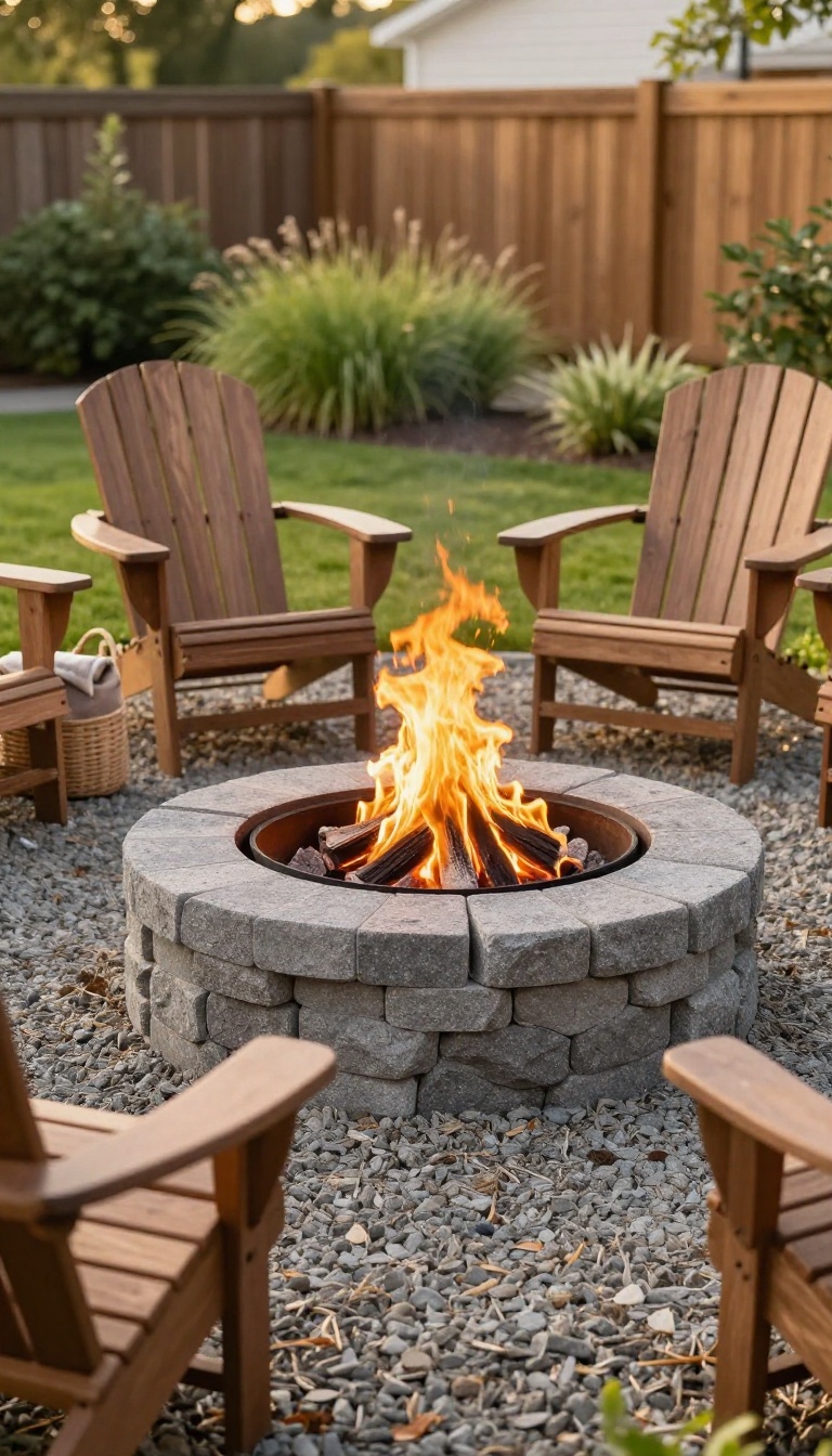 Simple DIY backyard fire pit made from stacked stone blocks surrounded by chairs on a gravel pad at sunset