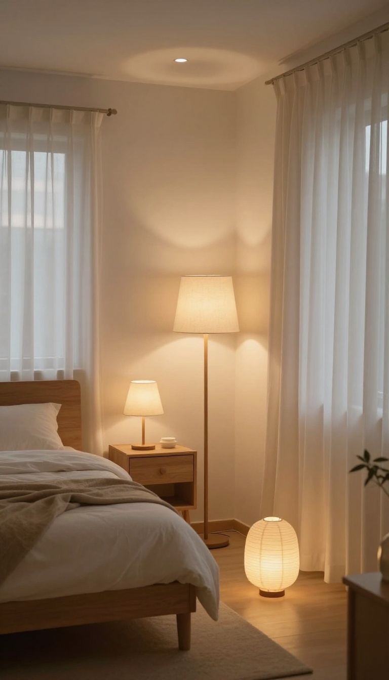 Small Korean-inspired bedroom with warm layered lighting from a dimmed overhead light, a linen-shaded bedside lamp, and a low paper lantern glowing softly at dusk