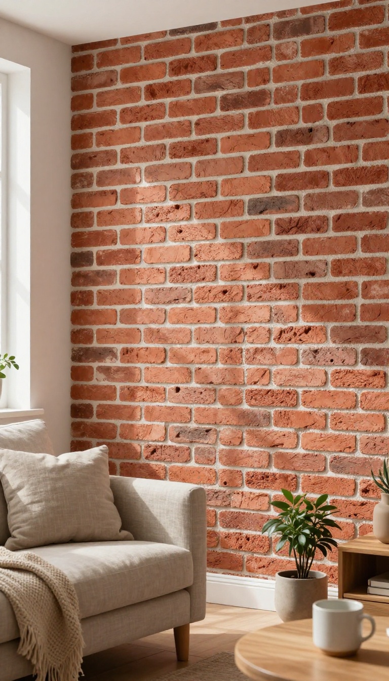 Living room wall with a warm hand-painted faux brick finish in terracotta tones, styled with a neutral linen sofa and natural light