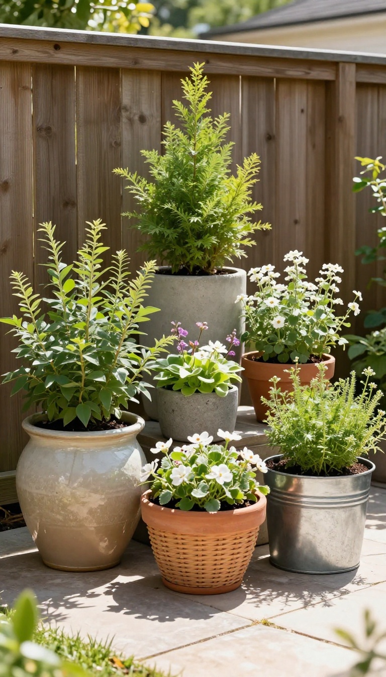 Grouped mixed-material planters of varying heights and textures in a sunny small backyard corner, creating a container garden focal point