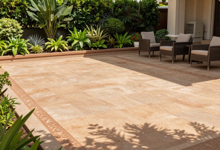 Stamped concrete patio with herringbone pattern and outdoor furniture