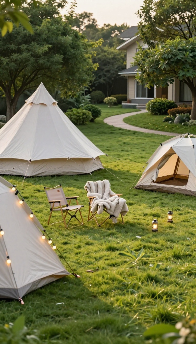 Cozy backyard tent village with a large family tent and smaller dome tents arranged in a circle, strung with warm fairy lights on a green lawn at golden hour