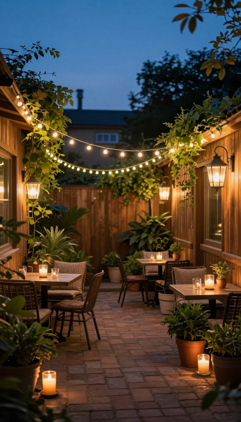 Cozy backyard courtyard at dusk with warm zigzag string lights and glowing lanterns above a small seating area with candles