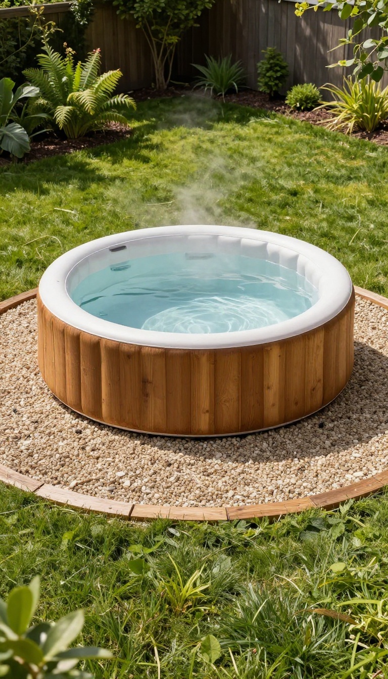 Inflatable hot tub on a level gravel pad with a clean wooden border in a sunny backyard