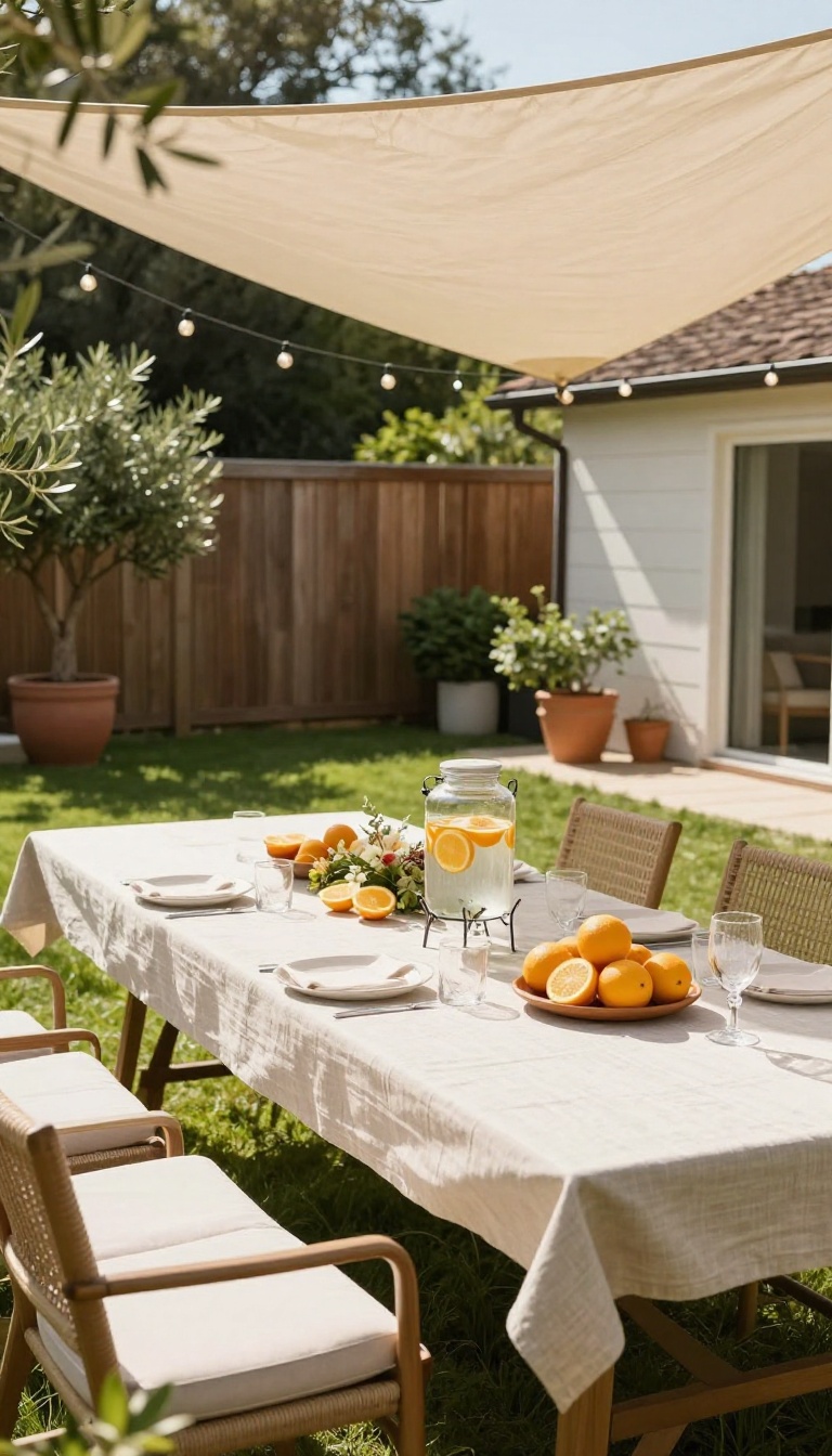 Sunny backyard patio with a large triangular shade sail casting cool shadow over a styled outdoor party table and lounge seating