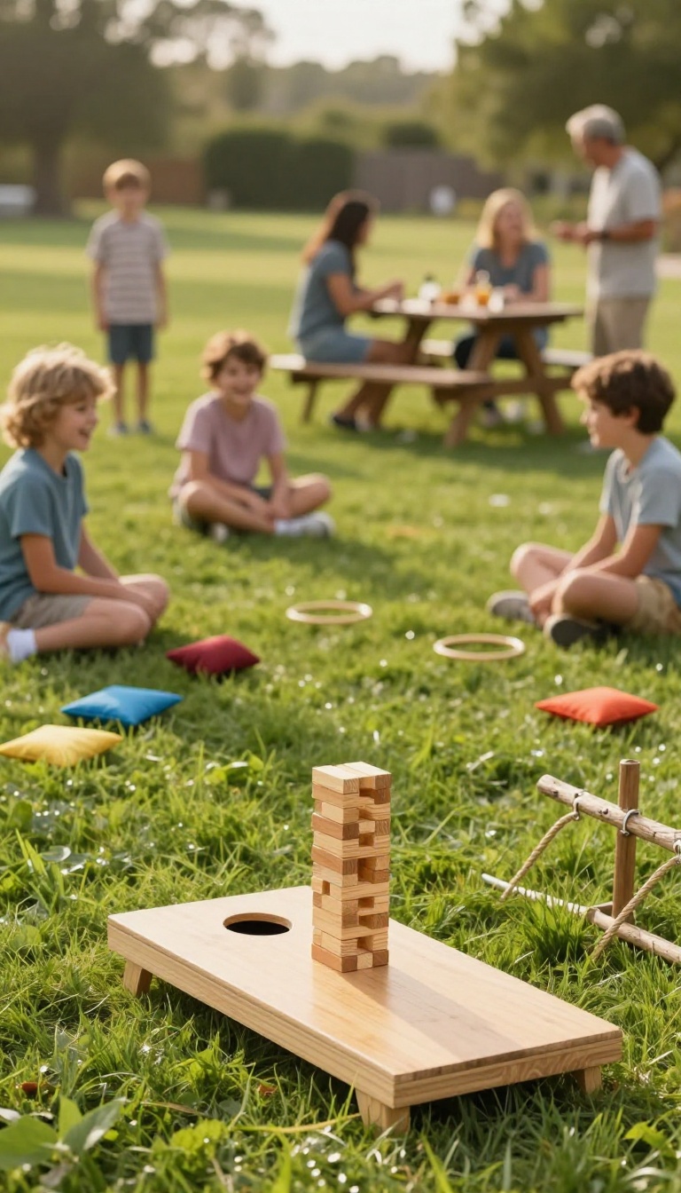 Backyard lawn games set up on green grass with cornhole, giant Jenga, and ring toss for an outdoor BBQ party