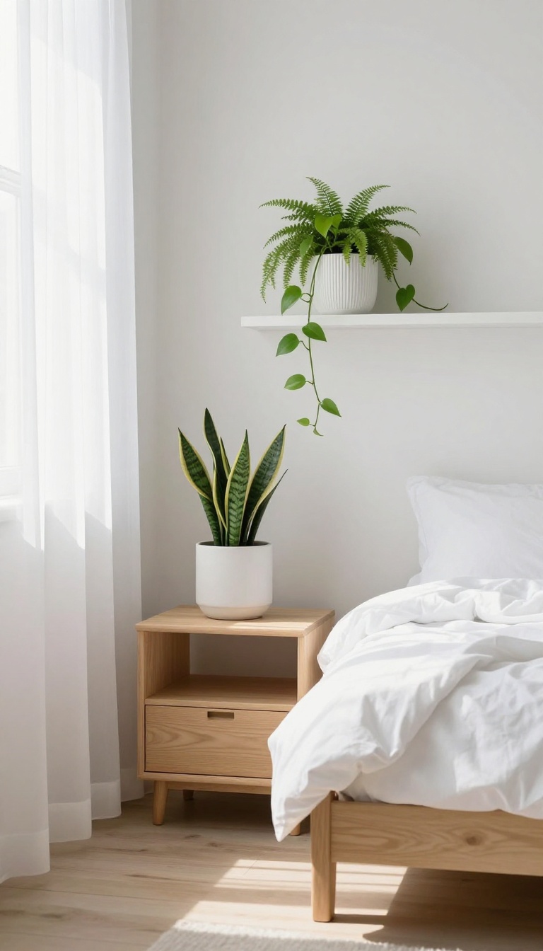 Small white bedroom with green plants in white planters on a nightstand, shelf, and windowsill in bright natural light