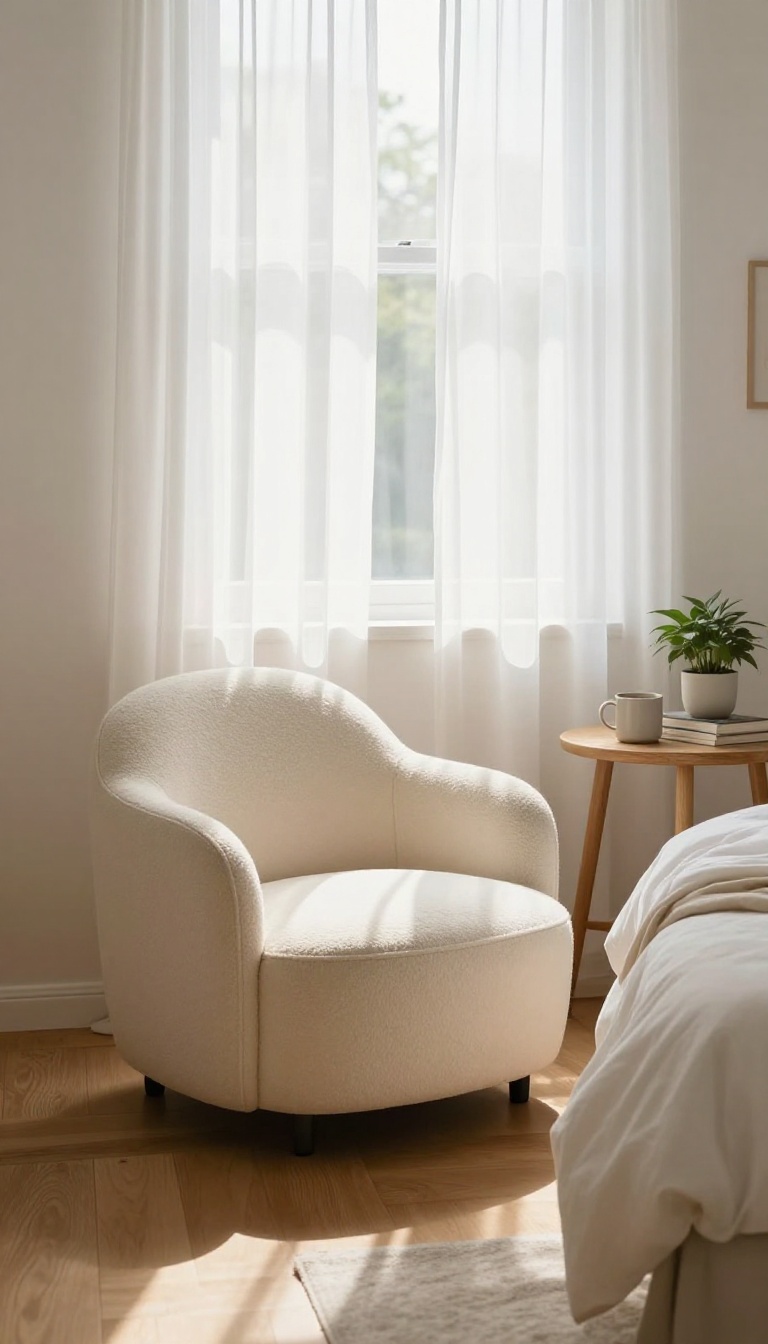 Cozy small bedroom corner with a cream swivel chair between the bed and a sunlit window