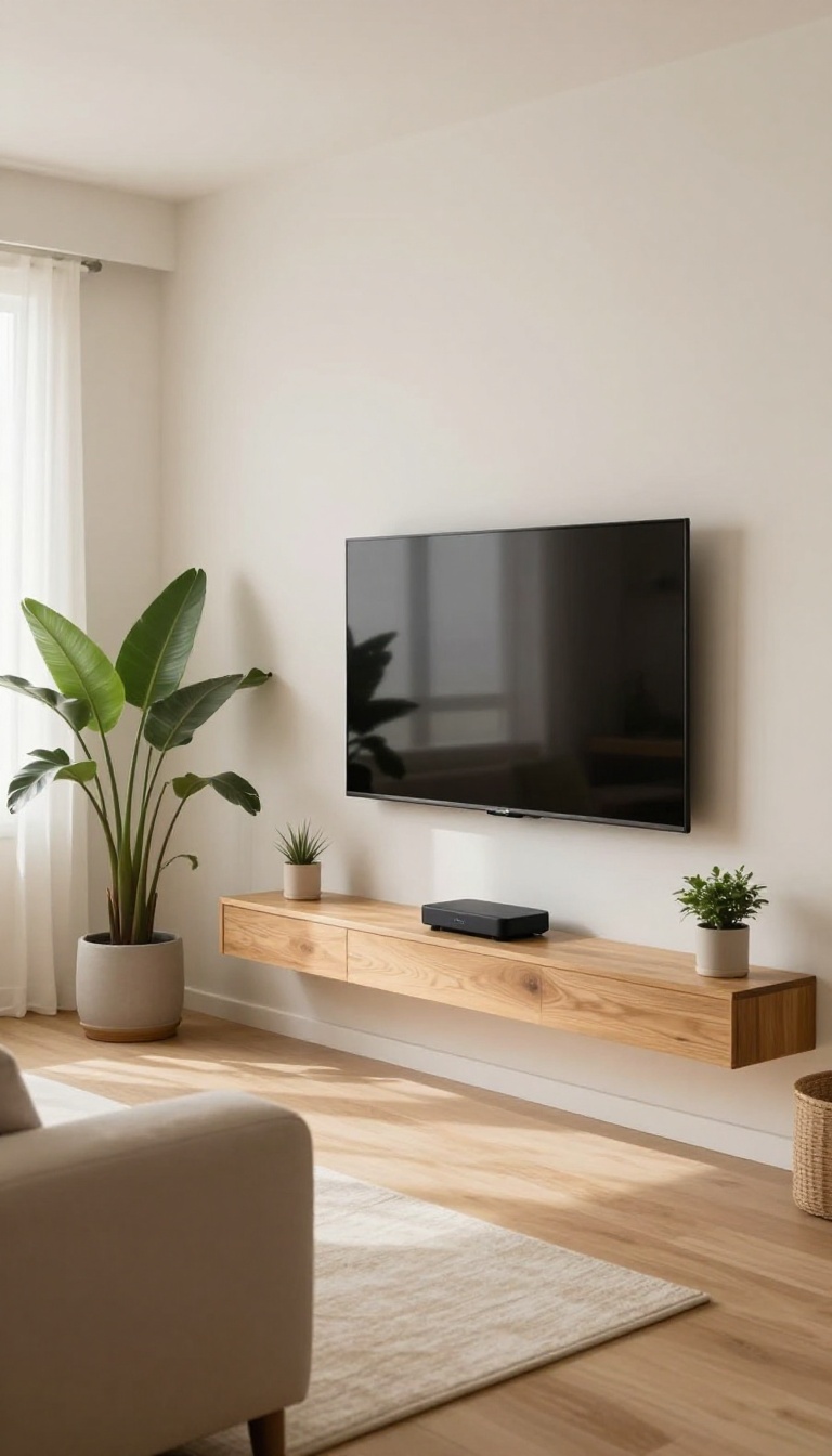 Small bright living room with a wall-mounted TV above a slim floating shelf and open floor space with an armchair and floor plant