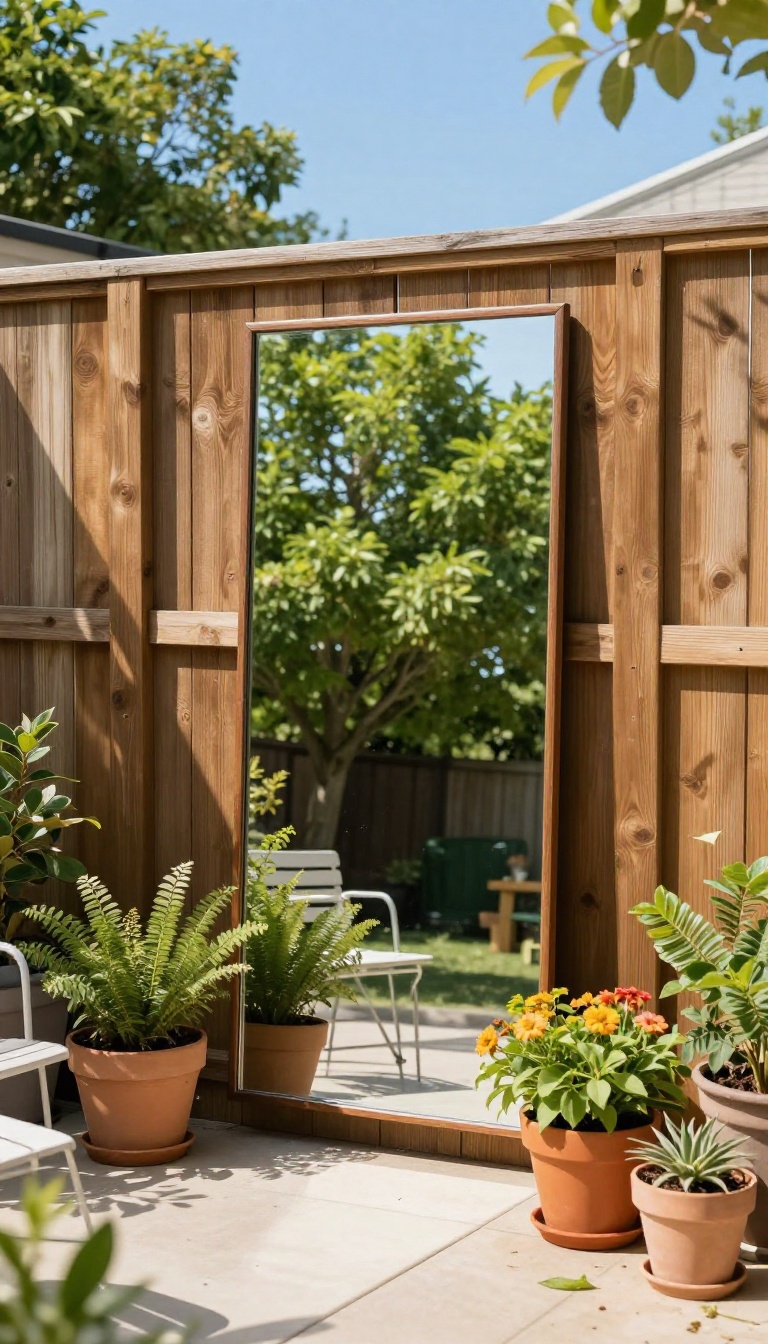 A small backyard patio with a mirror on the fence reflecting trees and sky, making the space feel larger.