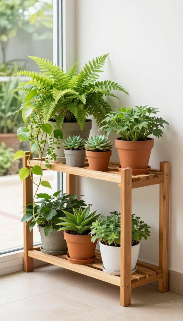 Corner shelf garden with potted plants on a small patio