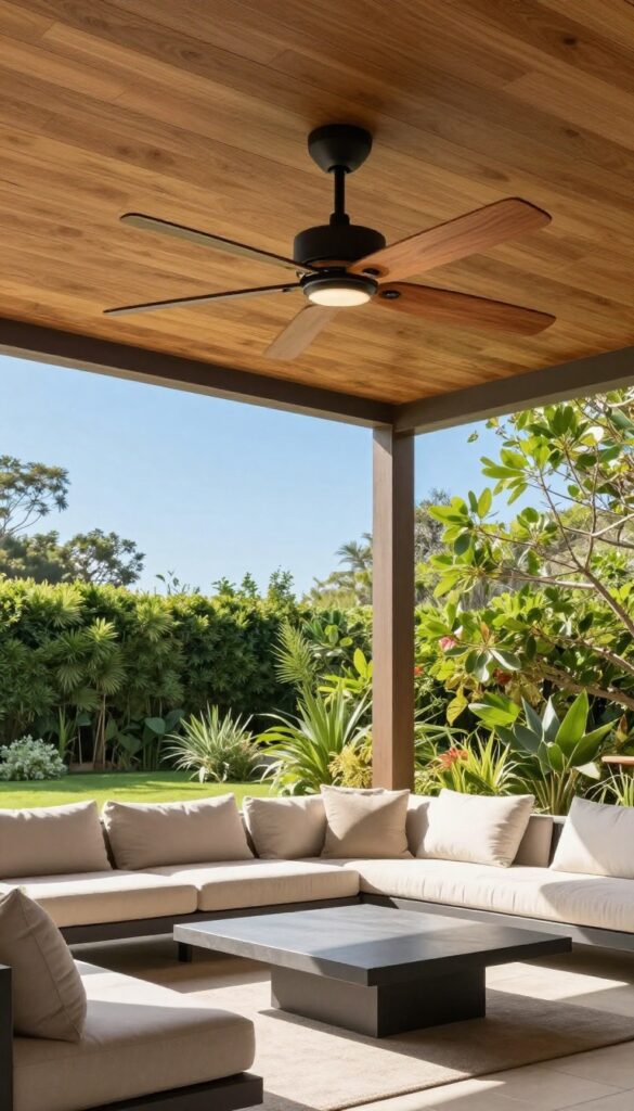 Covered patio with a ceiling fan providing airflow on a sunny day, featuring comfortable seating and natural light.