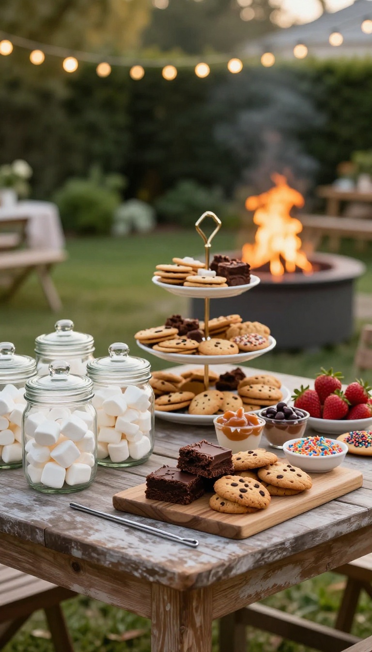 Stylish backyard s'mores and dessert bar with glass jars of marshmallows, wooden boards of cookies, and a small tabletop fire pit