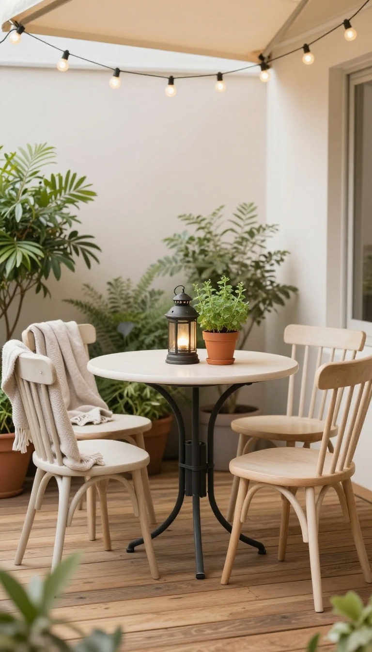 Compact bistro table and chairs on a small apartment patio with string lights and plants