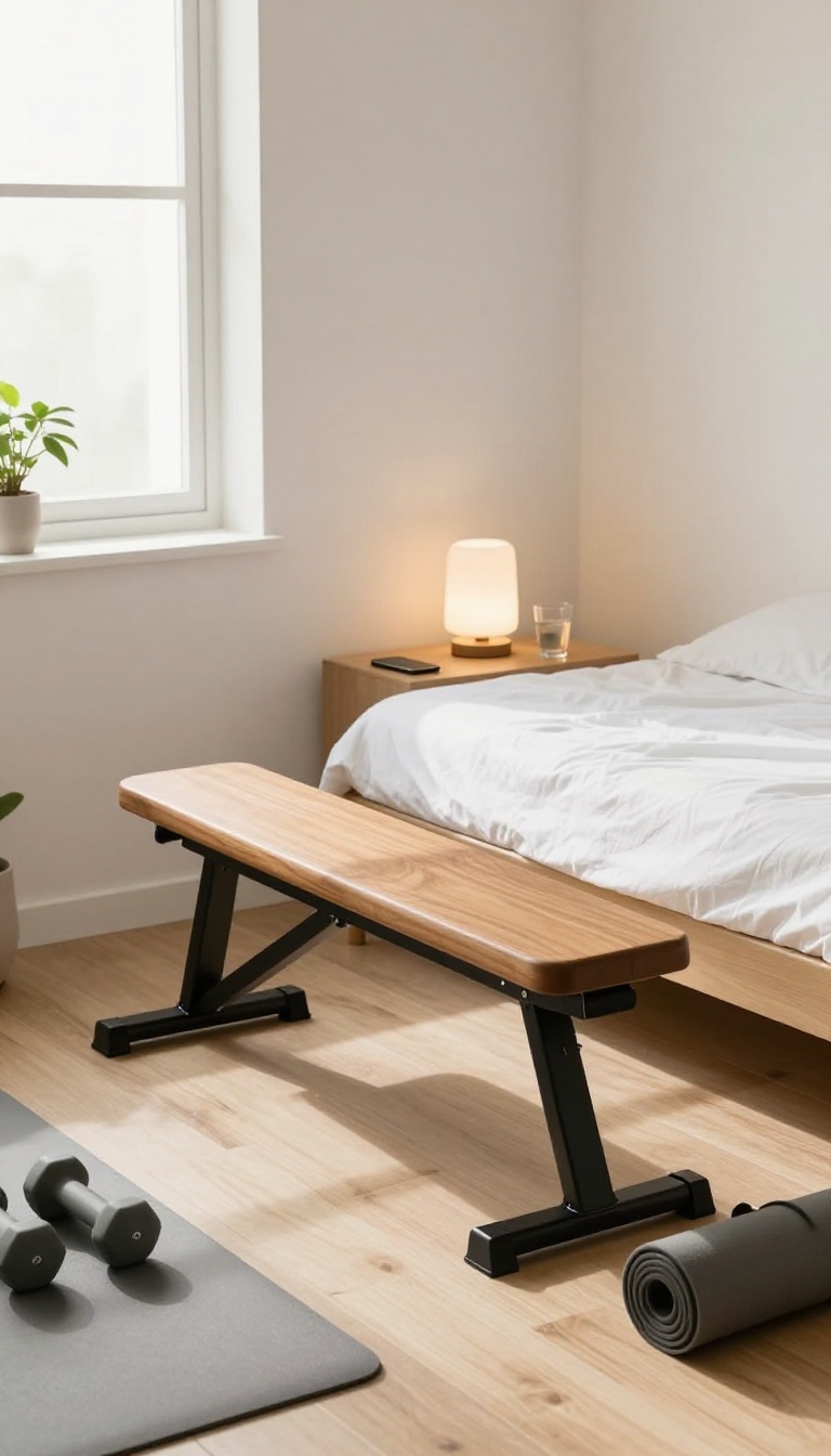 Folding workout bench doubling as a nightstand in a small bright bedroom home gym corner with dumbbells and a yoga mat