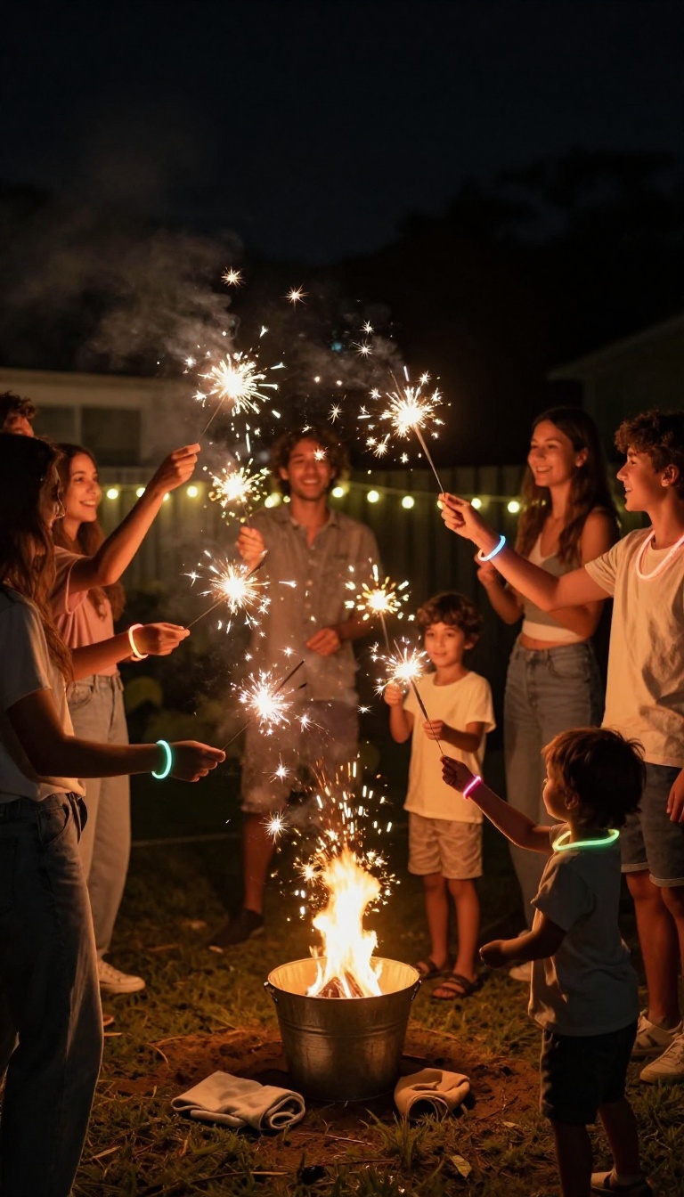 Friends and kids holding glowing sparklers and wearing glow sticks around a backyard bonfire at night
