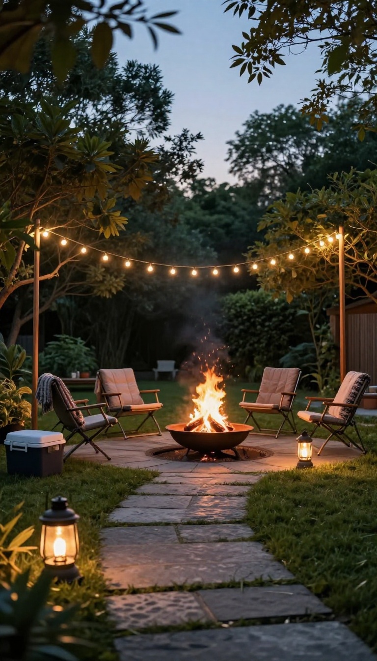 Backyard bonfire party at dusk with warm string lights overhead and glowing lanterns along a path and seating area