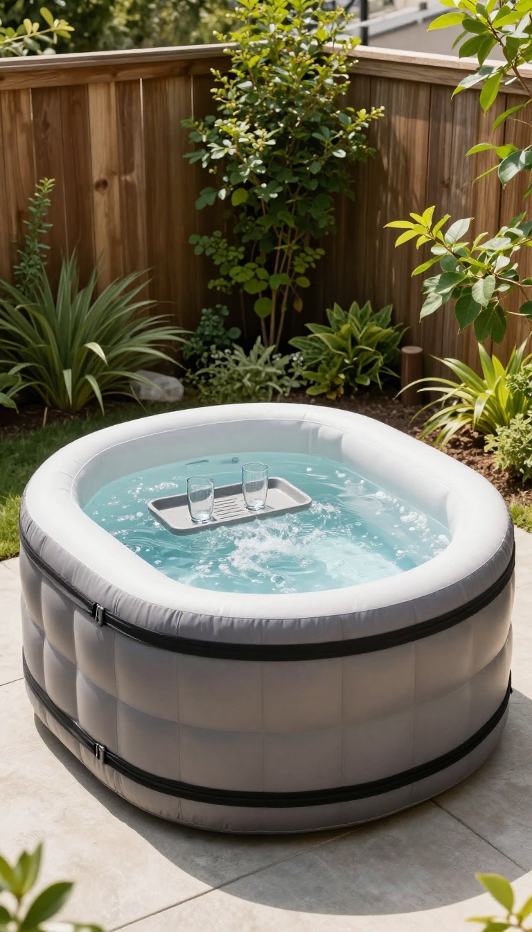Budget backyard spa setup with an inflatable hot tub, DIY bubble mat underneath, floating drink tray, and a homemade tarp cover nearby in a sunny garden.