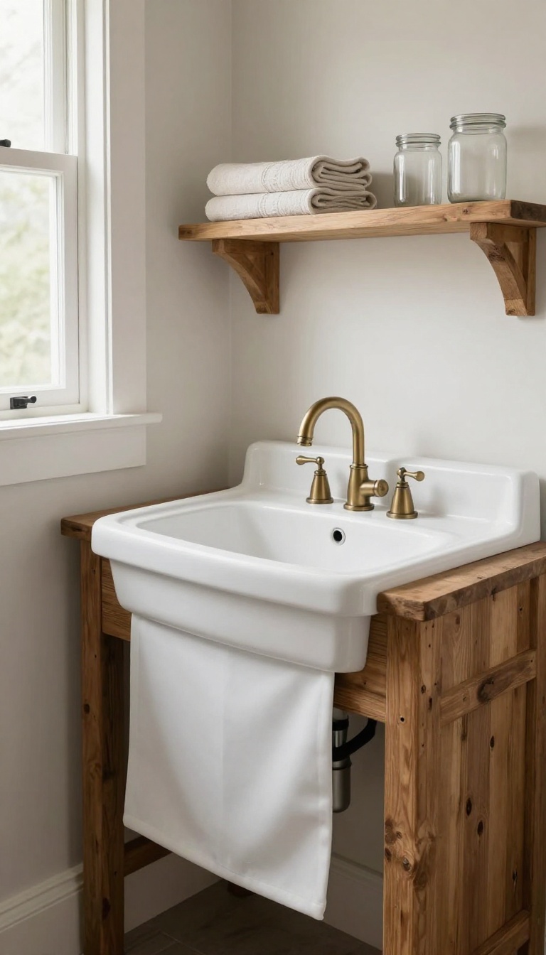 White farmhouse apron-front sink set in a reclaimed wood vanity with bronze gooseneck faucet and open shelves in a bright rustic bathroom