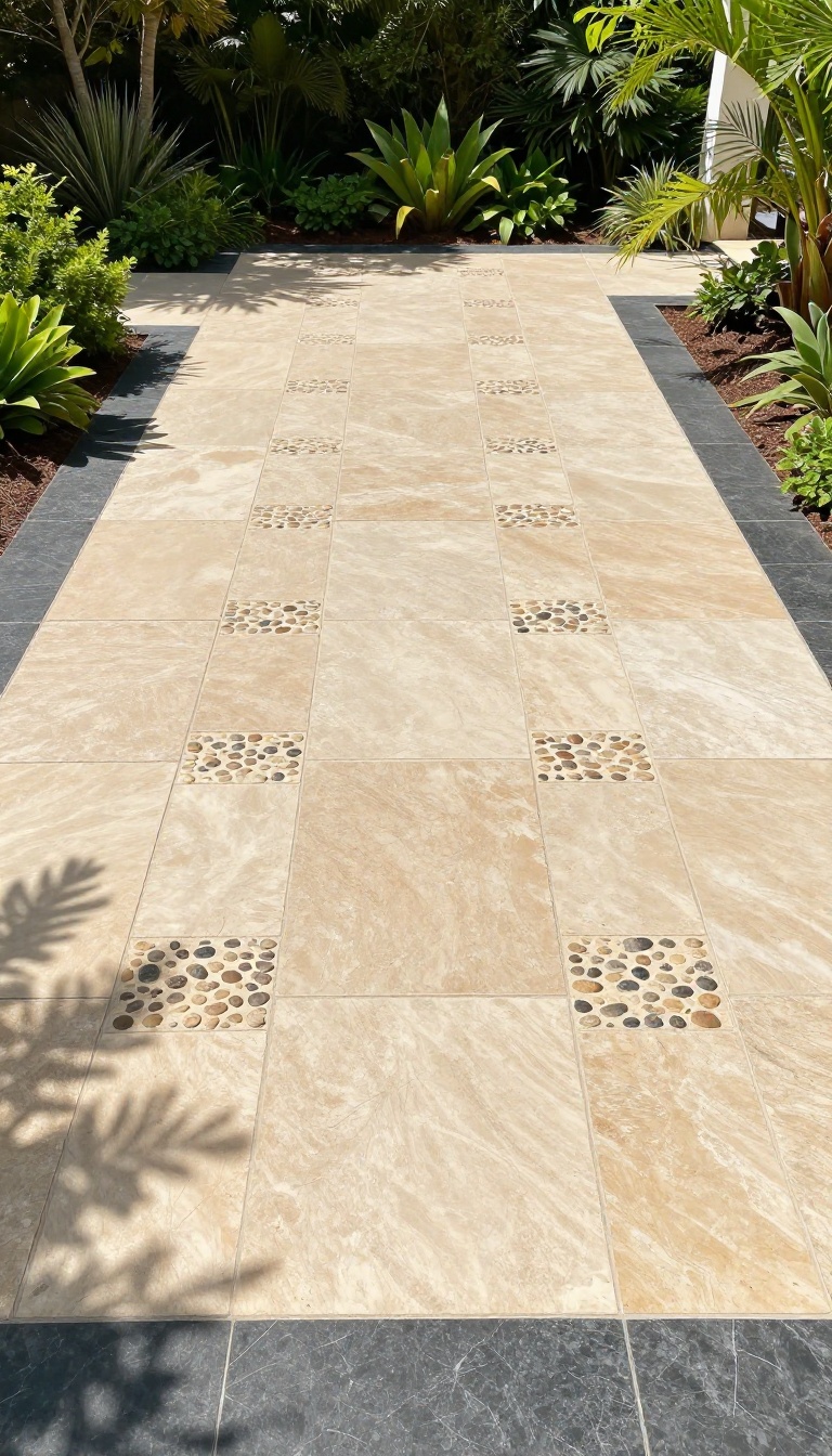 Patio with mixed stone patterns and contrasting border in a landscaped garden