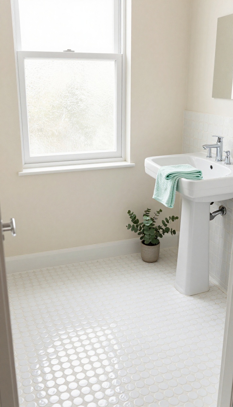 Small bright bathroom with a continuous white penny tile floor and pale walls that make the space feel larger