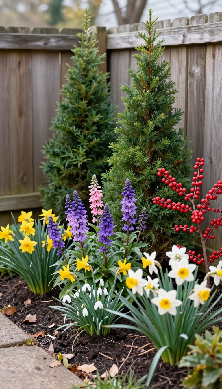 Small four-season backyard garden corner with layered evergreens, spring bulbs, summer perennials, and red winterberry branches in bright natural light