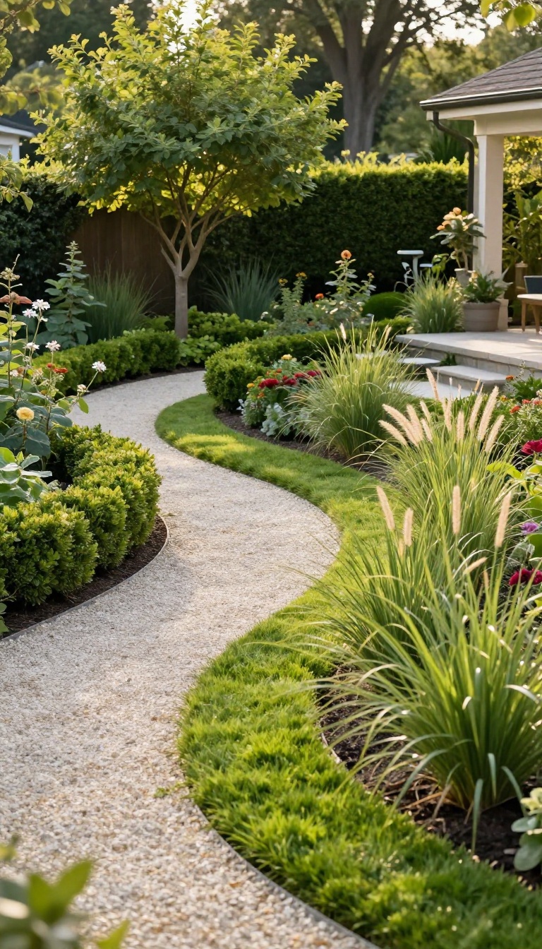 Large backyard with a curving gravel path lined by a low boxwood hedge and tall ornamental grasses guiding movement toward a stone patio
