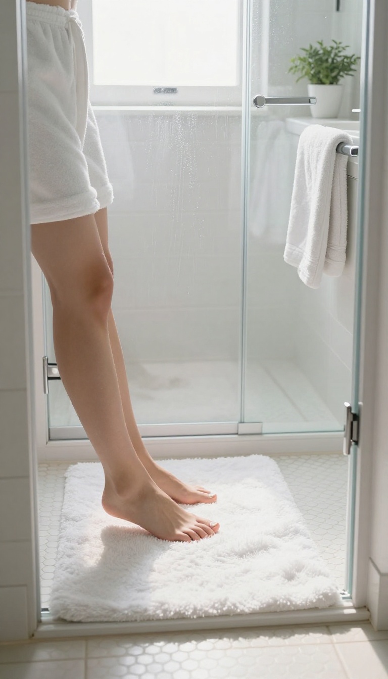 Bright bathroom with warm white penny tile floor heated by a radiant underfloor system, with bare feet stepping onto the cozy tile after a shower