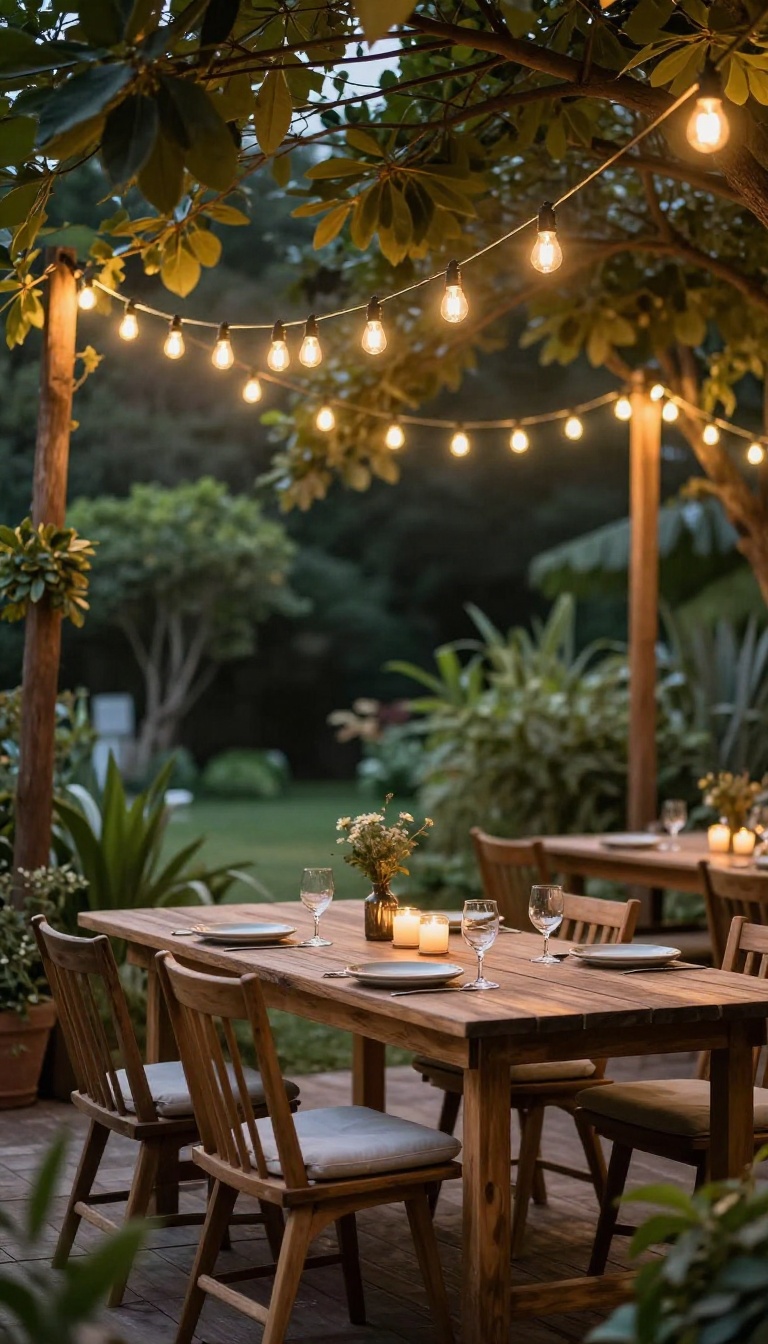 Backyard dining table at dusk beneath swooping bistro string lights with warm Edison bulbs glowing over a cozy outdoor eating area